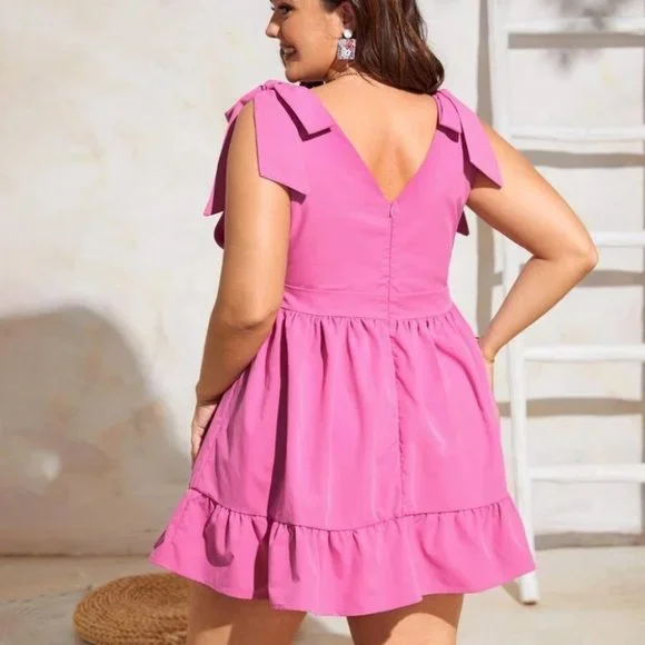 Pink Tie Shoulder Ruffle Hem Dress - PLUS size available also - Picture 9 of 11